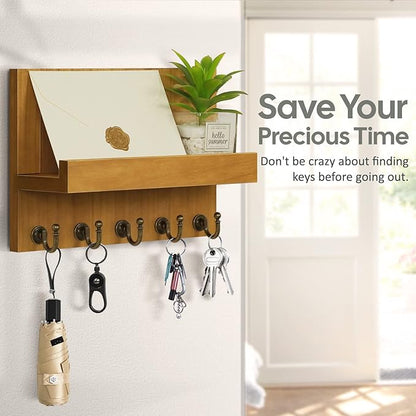 Farmhouse Wall Key Holder for Wall : Holiday Card Slot Design Wooden Mail Organizer Wall Mount Dog Leashes Holder Hanger (Light Brown)