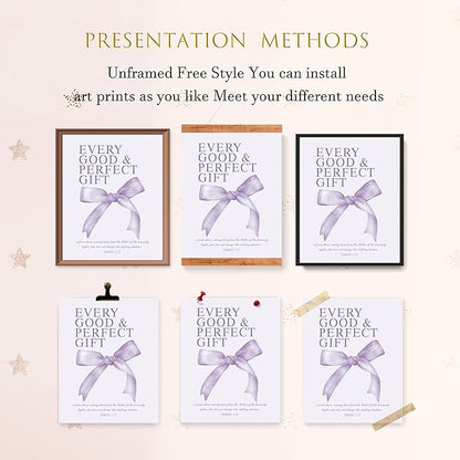 LARTSFRO Coquette Purple Bow Wall Art Decor Posters, Purple Bow Christian Room Bedroom Bathroom Dorm Wall Art Decor for College Teen Girls Kids Gifts, Inspirational Bible Verses Bow Wall Decor, 10x8 Inch Set of 4 Pcs Bow Pictures (UNFRAMED)