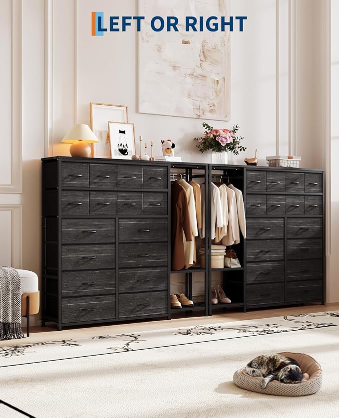 GarveeHome Dresser with 16 Drawers & Hanging Rod & Shelves, Fabric Storage Organizer for Bedroom, Closet, or Entryway