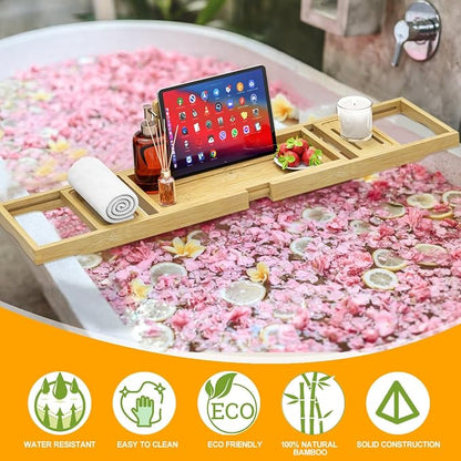 Premium Bathtub Tray - Expandable Bamboo Wooden Bath Trays for Bathub - Bath Tub Table Tray for Bathtub/Tub,Adjustable Size, Fits Most Tubs