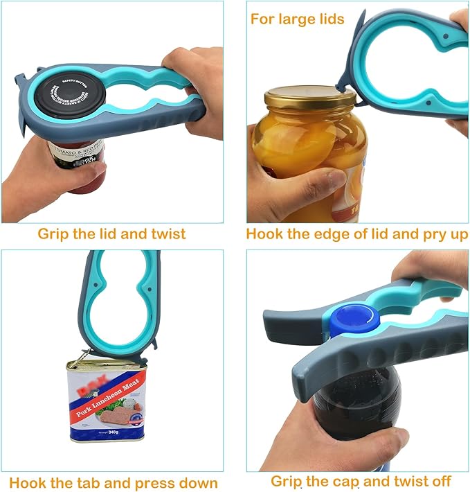 Jar Opener for Weak Hands, 5 in 1 Bottle Opener for Seniors with arthritis | Multifunction Lid Opener, Adjustable, Non-slip, Effortlessly Open Jars Bottles and Ring Pull Cans,Included Rubber Gripper Pad