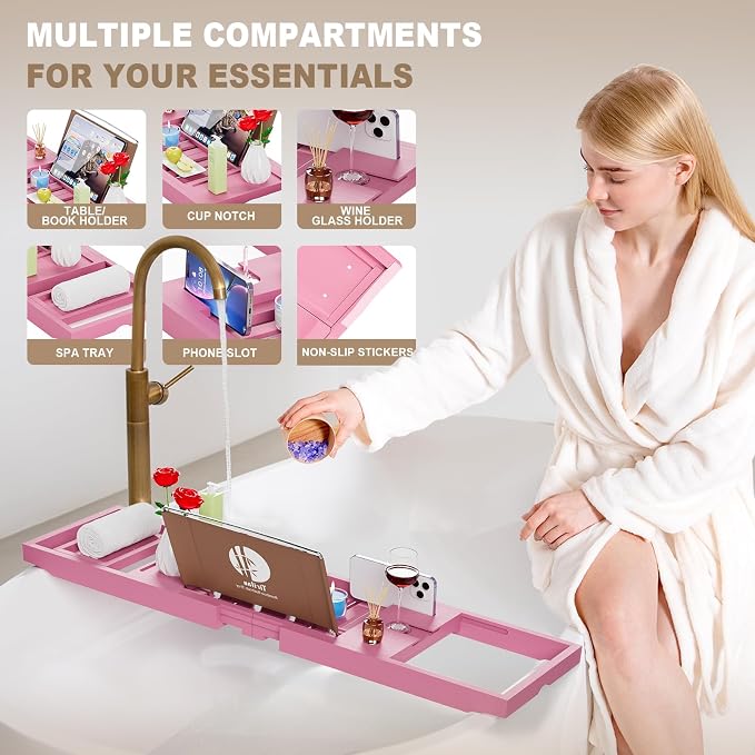 Foldable Bathtub Caddy, Expandable Bath Caddy Tray, Unique House Warming Gifts, New Home, Anniversary and Wedding Gifts for Couple, Pink