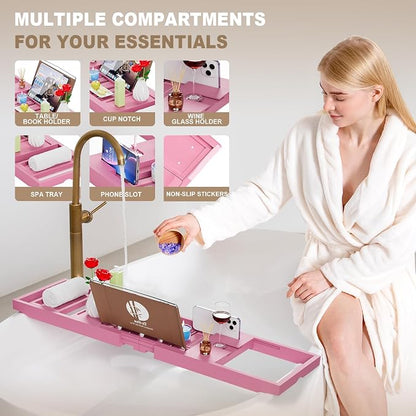Foldable Bathtub Caddy, Expandable Bath Caddy Tray, Unique House Warming Gifts, New Home, Anniversary and Wedding Gifts for Couple, Pink