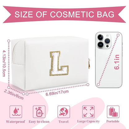 Small Personalized Initial A-Z Preppy Patch Makeup Bag,White PU Chenille Letter Travel Cosmetic Pouch with Zipper,Cute Toiletry Bag,Gift Ideal for Teen Girls Women Teacher Bridesmaid,Letter L