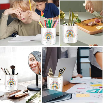 WAVEYU Pen Holder, Ceramic Durable Pencil Cup for Desk， Simple&Modern Style Makeup Organizer, Cute Multifunctional Office Supplies for Home, Kids and School, Rainbow Pattern