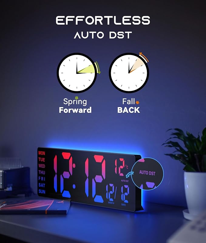 EASYERA 16.5" Large Digital Wall Clock with BT Sync, RGB Lights with 11 Scenes Mode Remote Control, Dual Alarms with Big LED Display, Auto DST, Temperature for Classroom Gaming