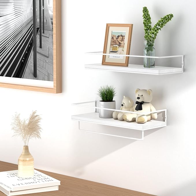 ZGO Floating Shelves With Towel Rack, Wall Mounted Storage for Bathroom, Kitchen, Bedroom, Set of 2 (White)