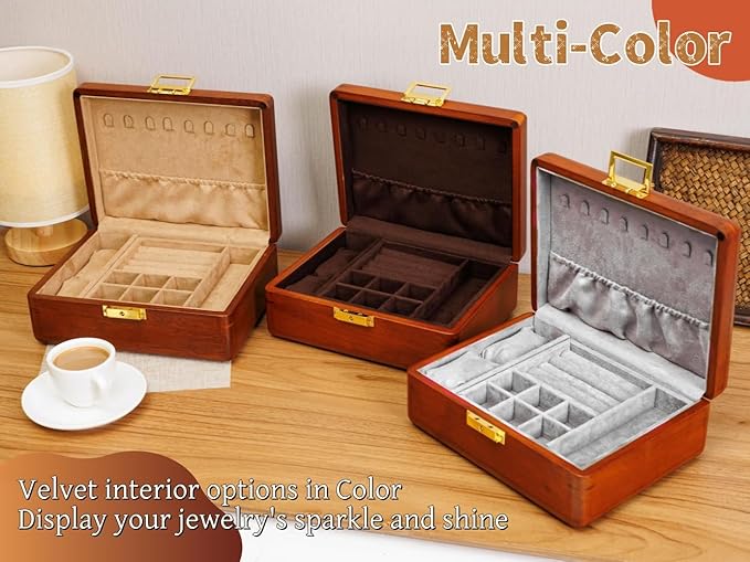 Solid Walnut Wood Jewelry Organizer Box with Lock,2-Layer Vintage Jewelry Box for Men Women, Velvet-Lined Storage for Earrings Rings Necklaces Bracelets Watches Perfect Father Day Gift Khaki