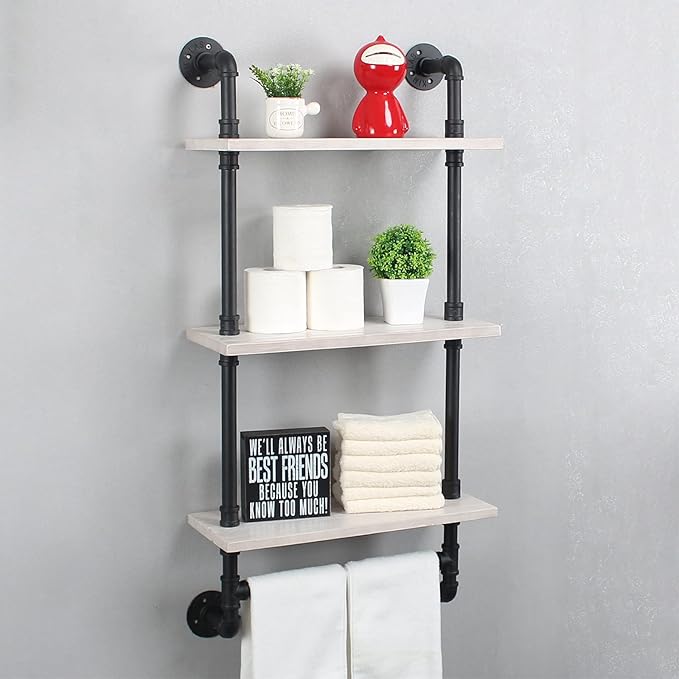 Bathroom Shelves Wall Mounted,19.6in Rustic Wood Shelf with Towel Bar,3 Tier Farmhouse Towel Rack Over Toilet,Pipe Shelving Floating Shelves Towel Holder,Black & White