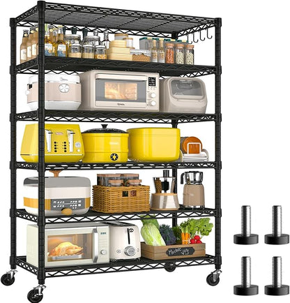 PrimeZone 6 Tier Wire Shelving with Wheels 79''H 1500lbs Storage Shelves NSF Certified Heavy Duty Steel Metal Shelf Adjustable Rolling Rack Kitchen Garage Closet Pantry Laundry 79''HX36''WX16''D