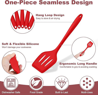 TeamFar Kitchen Utensils, 7 PCS Silicone Cooking Baking Utensil, Non-Stick Kitchen Gadgets with Ladle Spatula Spoon Turner Pasta Server, Non-Toxic & One Piece, Heat Resistant & Dishwasher Safe-Red
