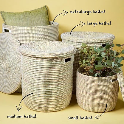 Storage & Organization, Decorative Baskets for your Home, Laundry Hamper, Baby Nursery Toys Bin, Living Room Blankets Storage, Towels Holder, Wicker, Woven, Lid, Wide, White, Set, 4pcs