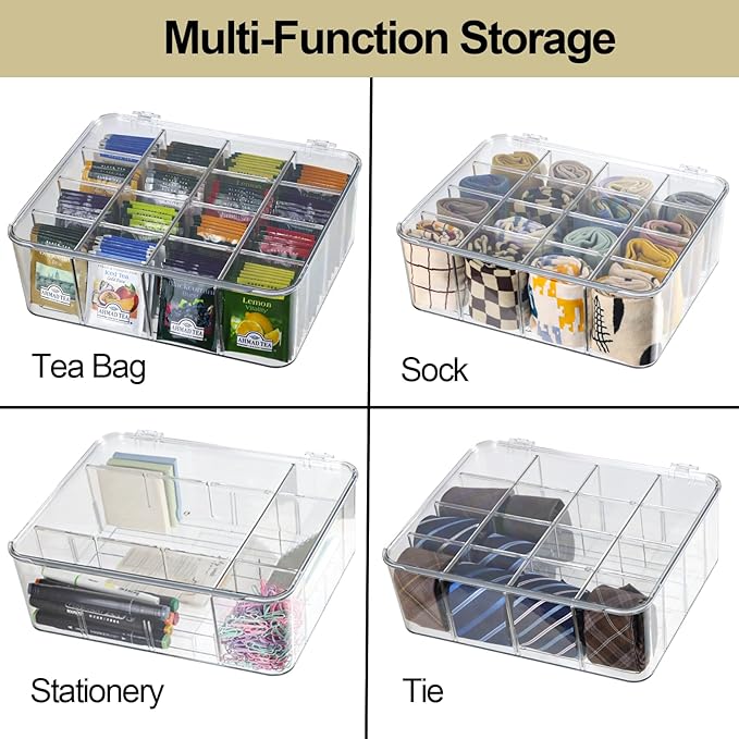 ZEXALOR Plastic Clear Storage Containers, Set of 2, Sock Organizer Divided Boxes with Lids, Underwear Drawer Organizer, Tie Dresser Organizer (11.8×9.4×3.9")