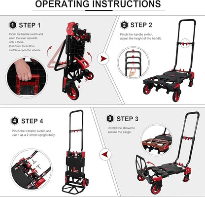 2 in 1 Hand Truck Dolly with Folding Basket,Folding Hand Truck Heavy Duty 330lbs Capacity,Foldable Hand Trcuk with Retractable Handle and Rubber Wheels,Portable Dolly with Bungee Cords for Moving