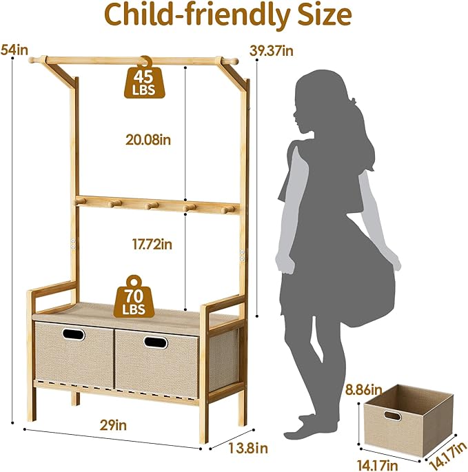 Luxspire Kids Clothing Rack, Bamboo Kids Dress up Rack with 1 Hanging Rod, 5 Hanging Hooks & 2 Fabric Drawers, Toddler Dress up Storage for Bedroom, Playroom, Nursery, Laundry, Burlywood