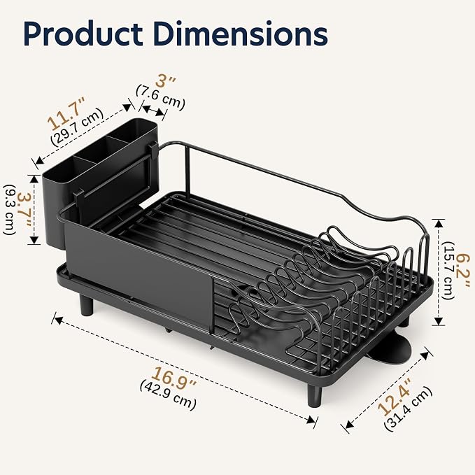 Stainless Steel Dish Drying Rack - Large Capacity Dish Rack for Kitchen Counter with Drain Board, Rustproof Dish Drainer with Drain Spout, Utensil Holder & Glass Holder, Dinnerware Organizer, Black