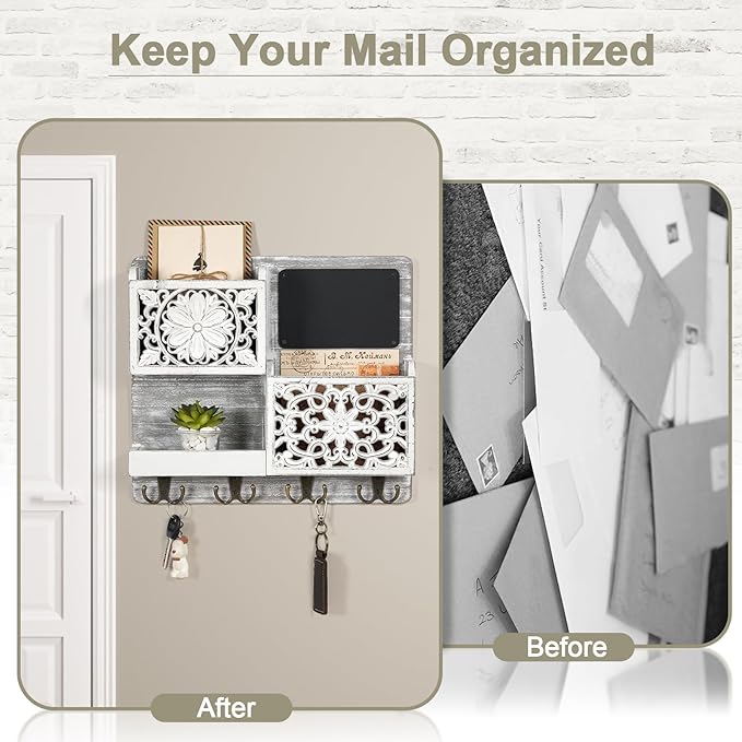 Mail Organizer Wall Mounted, 2 Slots Key Holder for Wall with 8 Hooks, Rustic Wood Key Rack with Shelf for Entryway Hallwall Farmhouse