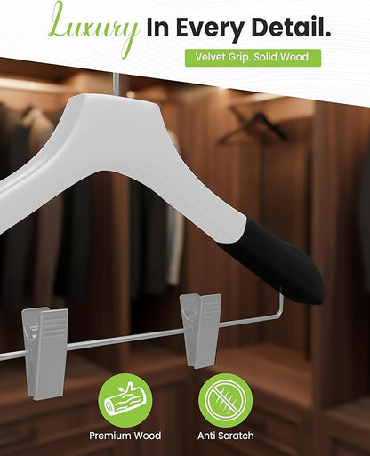 Wooden Hangers with Clips for Women, Solid Wood Skirt & Suit Hangers, Heavy-Duty Adjustable Non-Slip Design with Velvet Grip, White with Black Velvet, 6 pcs