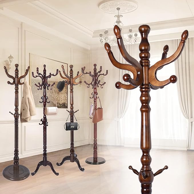 Coat Rack Freestanding,Solid Wooden Coat Rack Stand with 3 Height Options,14 Hooks, Natural Birch Coat Tree Easy to assemble for Clothes Jacket Hat bag Entryway (mahogany) (retro round)