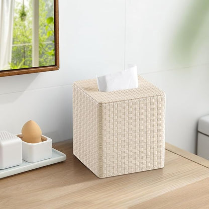 Square Tissue Box Cover, Stylish Leather Tissue Box Holder with Magnetic Bottom, Used As A Decorative Tissue Holder for Living Rooms, Bedrooms, and Desks (Beige Woven Pattern)-1