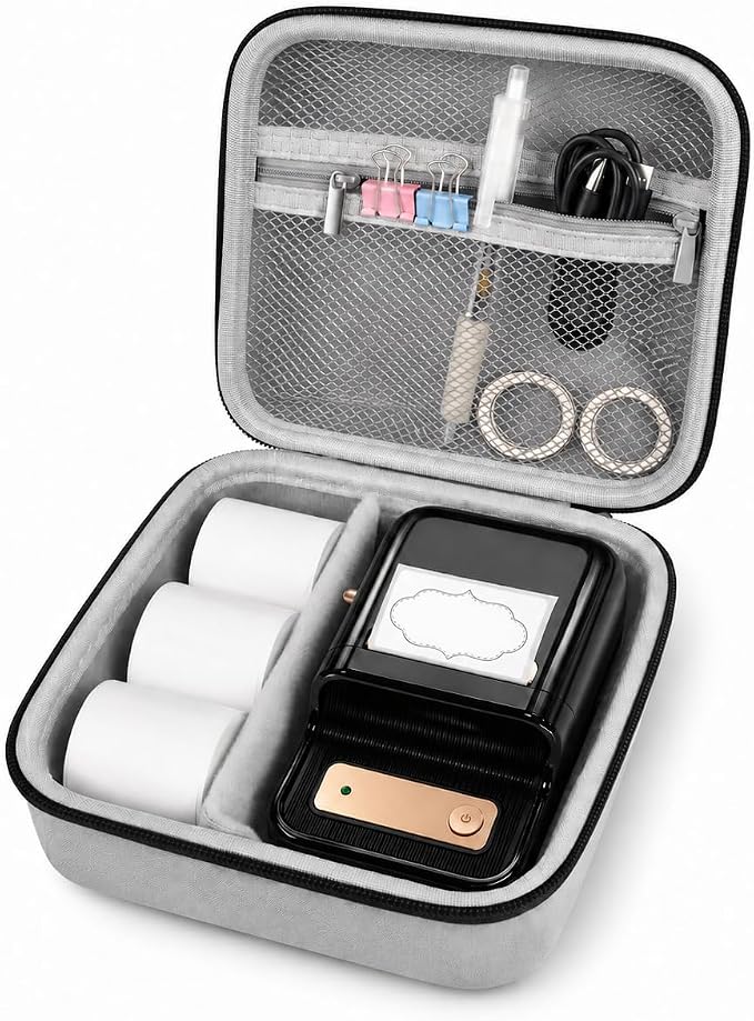 ALKOO Case Compatible with NIIMBOT B21 / Pro / B1 Label Maker Wireless Thermal Label Printer, Holder for Inkless Label Maker & Labeling Tapes Refills, with Mesh Pocket for Cable Accessories (Sliver)