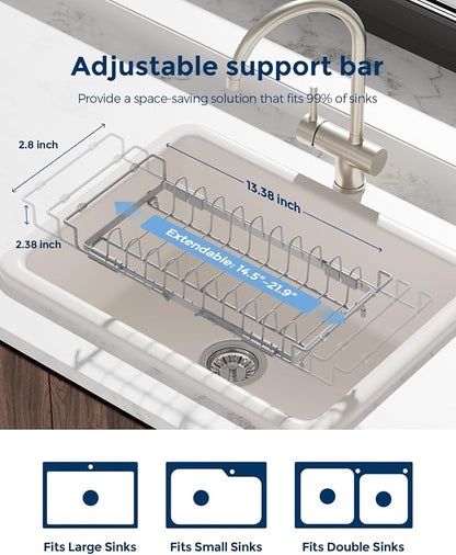 Nacial 2-in-1 Small Dish Drying Rack Fits 14''–21.8'' Sink, Dish Drainers for Kitchen Counter Extend Kitchen Sink Drain Basket with Utensil Holder & Auto-Drain Tray, Stainless Steel Plate Rack, Gris