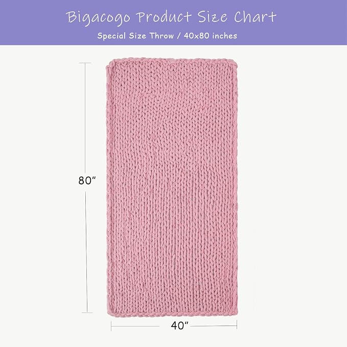 Bigacogo Chunky Knit Throw Blanket for Couch, 40x80 inches, 100% Hand Knitted with Thick Jumbo Chenille Yarn, Cozy Soft Large Rope Knot Cable Crochet Blankets for Sofa Bed Living Room, Blush Pink