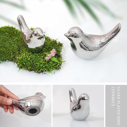 WhimWove 2 Pcs Ceramic Small Bird Figurines Modern Animal Statues for Home 、Room Decor and Bedroom Decor and Bookshelf Display (Silver)