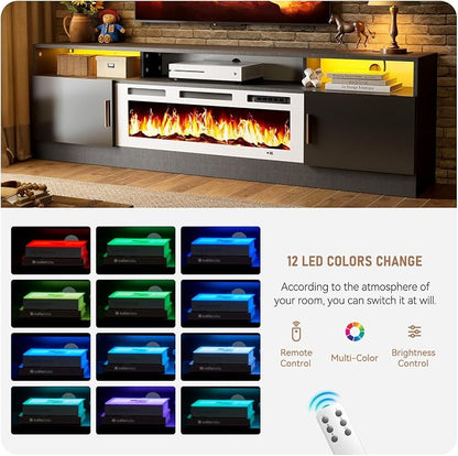 MXV 70" Fireplace TV Stand with Power Outlet for TVs UP to 80", Electric Fireplace Entertainment Center with LED Lights & Storage Cabinets, TV Console for Living Room, Office, Black-White