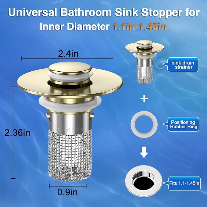 Sink Stopper Hair Catcher, Pop-up Sink Drain Strainer with Removable Stainless Steel Strainer Basket Hair Catcher, Bathroom Sink Strainer for Bathroom Sink Stopper Replacement (4, Brushed Gold)