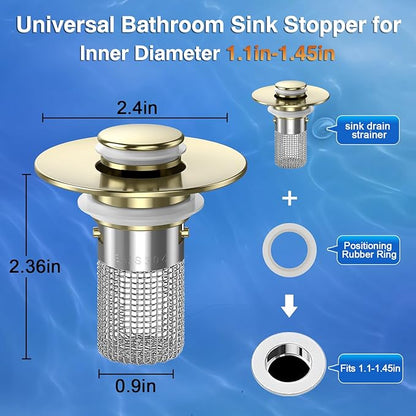 Sink Stopper Hair Catcher, Pop-up Sink Drain Strainer with Removable Stainless Steel Strainer Basket Hair Catcher, Bathroom Sink Strainer for Bathroom Sink Stopper Replacement (4, Brushed Gold)