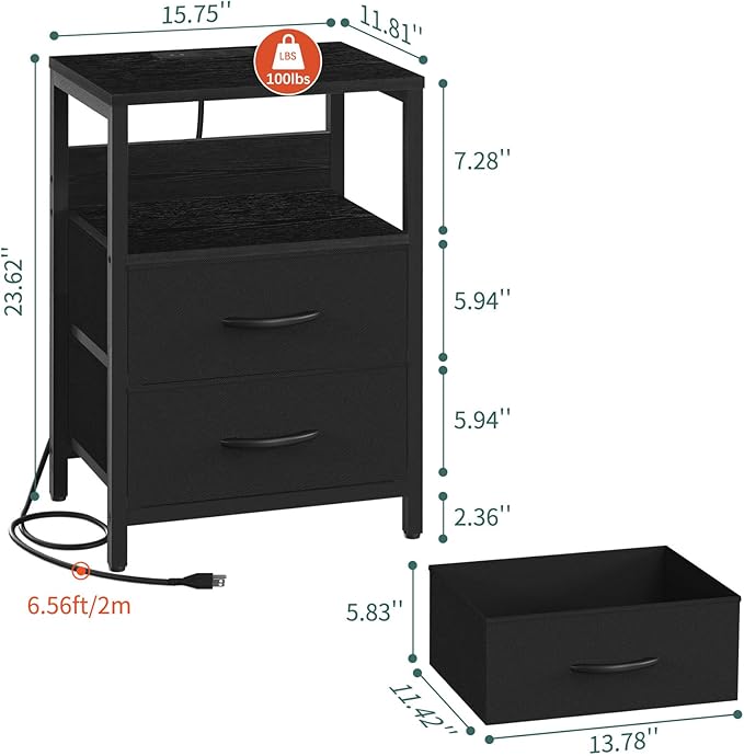 Yoobure Nightstand with Charging Station, Small Night Stand with Fabric Drawers and Storage Shelf for Bedrooms, Nightstands for Small Spaces, Bedside Table with USB Ports & Outlets Bed Side Table