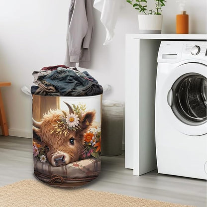 Highland Cow Laundry Basket, Farmhouse Floral Western Cow Waterproof Collapsible Laundry Hamper Dirty Clothes Storage Toy Bin Organizer for Nursery Girls Kids Room Bathroom Bedroom
