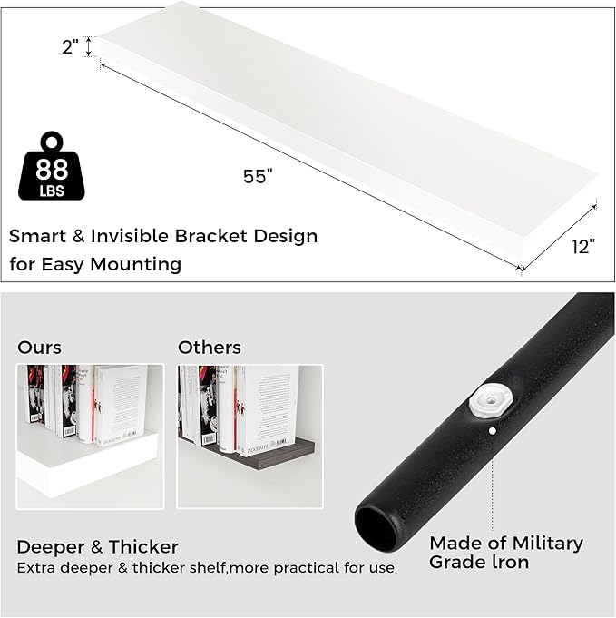Floating Shelves for Wall, 55 Inch Wide x 12 Inch Deep Floating Shelves, Long Wood Floating Wall Shelf Shelves for Living Room Bathroom Bedroom Kitchen Home - (White, 55" W x 12" D x 2" H)