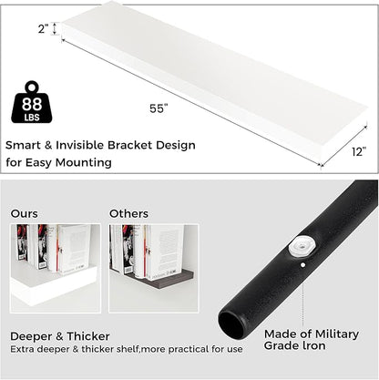 Floating Shelves for Wall, 55 Inch Wide x 12 Inch Deep Floating Shelves, Long Wood Floating Wall Shelf Shelves for Living Room Bathroom Bedroom Kitchen Home - (White, 55" W x 12" D x 2" H)