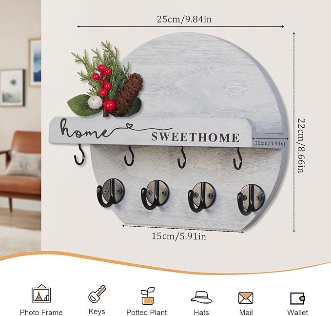 Key Holder for Wall, Key and Mail Holder Organizer - Key Holder Wall Mount with Bouquet Shelf and Key Hooks, Round Wooden Rustic Key Rack for Entryway and Home Decor (Gray)