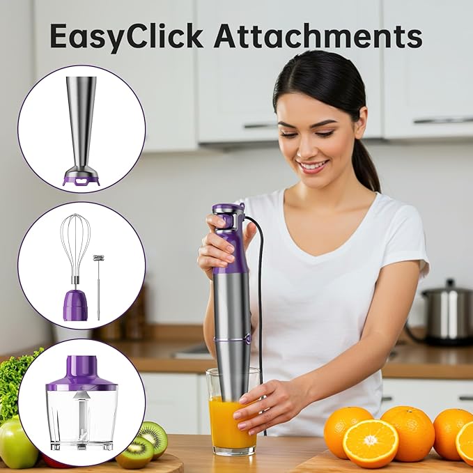 Turelar Immersion Blender Handheld Corded Hand Blenders Set 1100W, Trigger Variable Speed 5 in 1 Stick Emulsifier with Chopper, Whisk and Frother for Soup, Baby Food and Smoothies, Purple