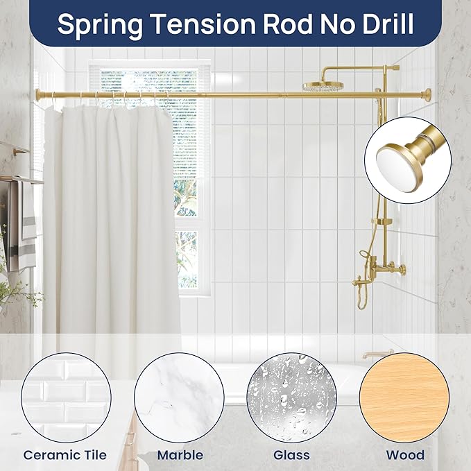 ENJOYBASICS Gold Shower Curtain Rod 30 to 76 Inches, Stainless Steel Adjustable Spring Tension Rods No Drill for Bathroom, Closet, Window, Room Divider, Never Rust, Non Slip