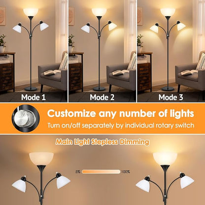 Floor Lamp for Living Room,72" Dimmable Torchiere Lamp with 2 Reading Lights for Bedroom, Black Tall Standing Room Lamp, 3 Bulbs Included