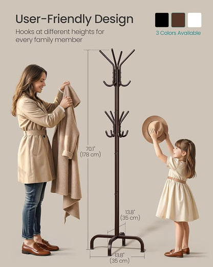 SONGMICS Coat Rack Freestanding with 16 Hooks, Metal Coat Tree Stand with 4 Adjustable Feet, Clothes Hanger Stand for Entryway Bedroom Living Room Hallway Office,Bronze URCR083MZ01S