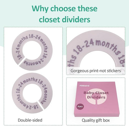8 Pcs Baby Closet Dividers for Clothes, Round Baby Clothes Organizer, Baby Closet Organizer with Clear Size Labels, Fits Most Rods