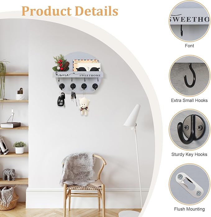 Key Holder for Wall, Key and Mail Holder Organizer - Key Holder Wall Mount with Bouquet Shelf and Key Hooks, Round Wooden Rustic Key Rack for Entryway and Home Decor (Gray)