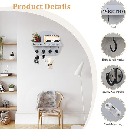 Key Holder for Wall, Key and Mail Holder Organizer - Key Holder Wall Mount with Bouquet Shelf and Key Hooks, Round Wooden Rustic Key Rack for Entryway and Home Decor (Gray)