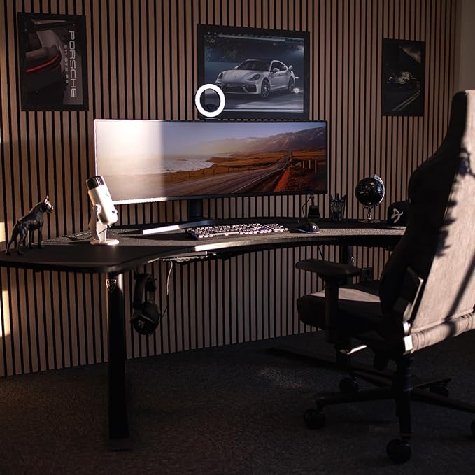 Arozzi Arena Angelo L Shaped GamingDesk, PC GamingDesk L Shape, Height Adjustable L Shaped Standing Desk for Home Office, with Full Coverage Mouse Pad (Pure Black)