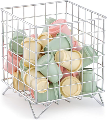 K Cup Holder Organizer, 5.3" x 5.3" x 6.3" Coffee Pod Storage Basket, Coffee Bar Accessories Metal Basket, Large Capacity Countertop Organizer for Kitchen Counter & Office Desktop (Silver)