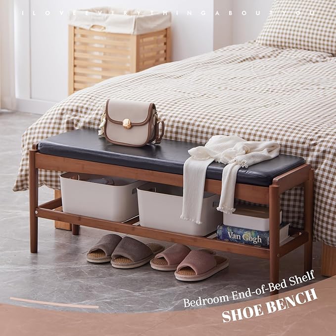 Shoe Rack Bench Entryway Bamboo Shoe Storage Bench with Leather Cushion 2 Tiers Shoe Rack Entryway Bench for Hallway, Living Room,Bedroom(Black Bench top+Brown Frame)