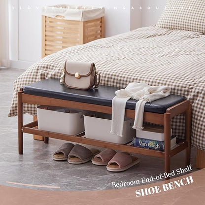 Shoe Rack Bench Entryway Bamboo Shoe Storage Bench with Leather Cushion 2 Tiers Shoe Rack Entryway Bench for Hallway, Living Room,Bedroom(Black Bench top+Brown Frame)