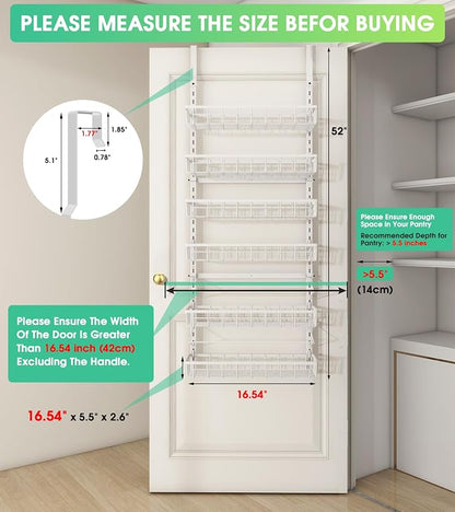Mefirt Over The Door Pantry Organizer, Wall Mount Spice Rack, Pantry Hanging Storage and Organization, 6 Adjustable Baskets Heavy-Duty Metal for Home & Kitchen, Back of Door Seasoning Rack - White