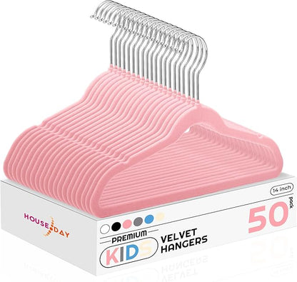 HOUSE DAY 14 Inch Kids Velvet Hangers 50 Pack, Durable Big Kids Hangers, Non Slip Kid Felt Hanger for Youth, Cute Childrens Hanger for Closet, Pink