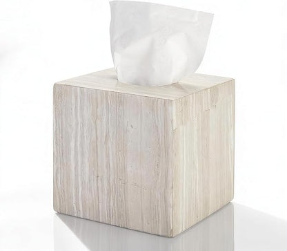 Natural Marble Tissue Box Holder Cover, Square Cube Tissue Box Holder with Open Bottom for Bathroom Vanity Tops, Bedroom Dressers, Kitchen Countertop, Gray Wood Grain (NS035)